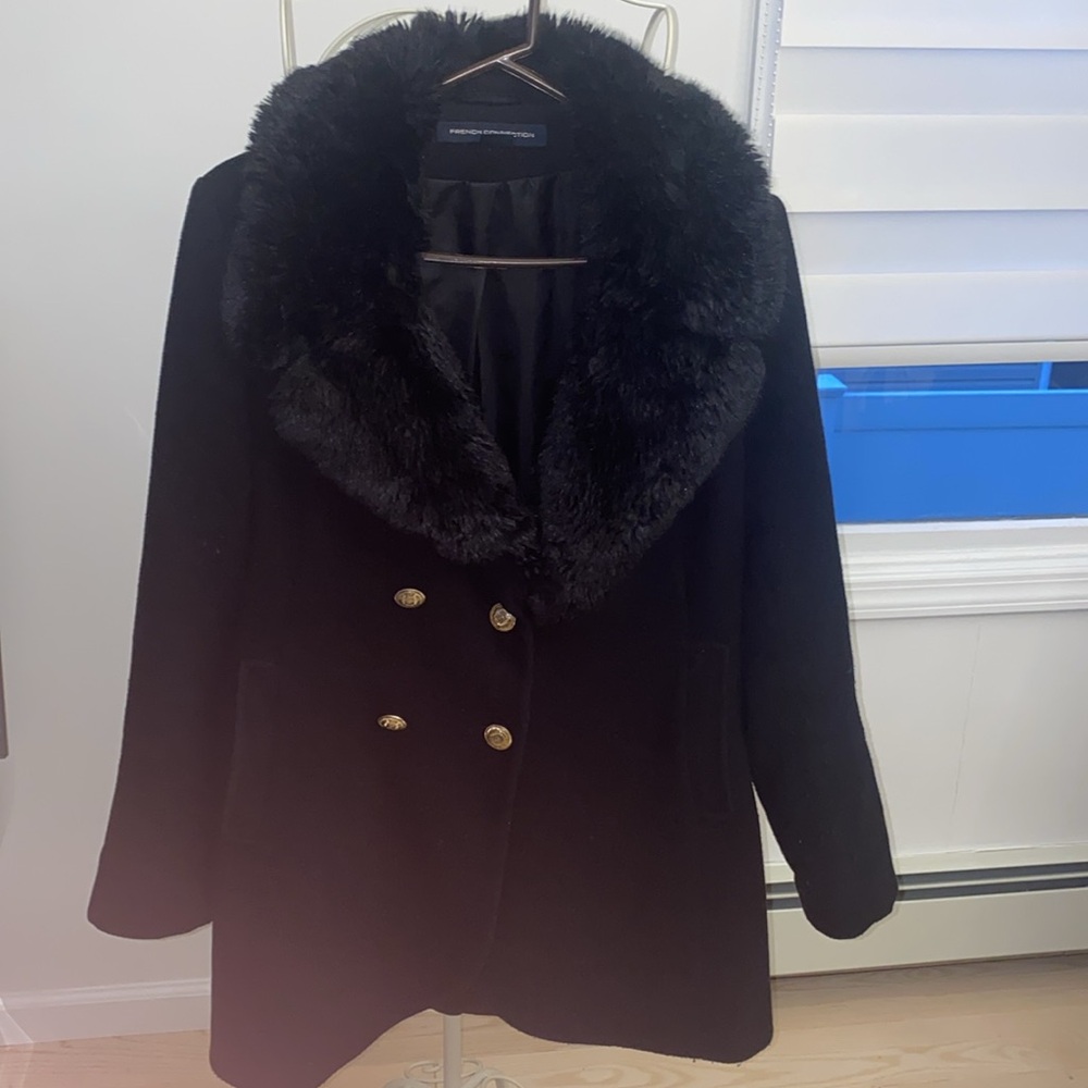 French Connection Faux Fur Trim Pea Coat